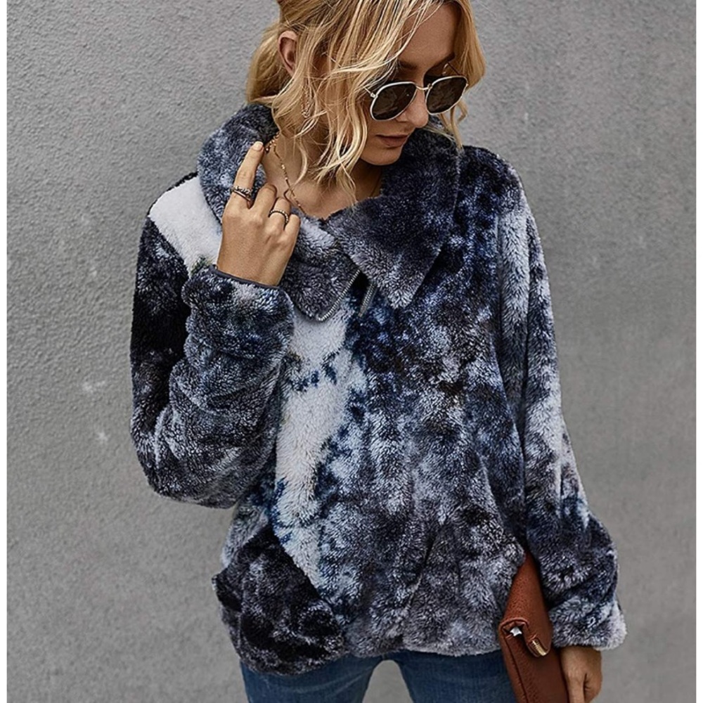 Tie Dye-Black Faux Shearling Shaggy Warm Pullover - Picture 2 of 6